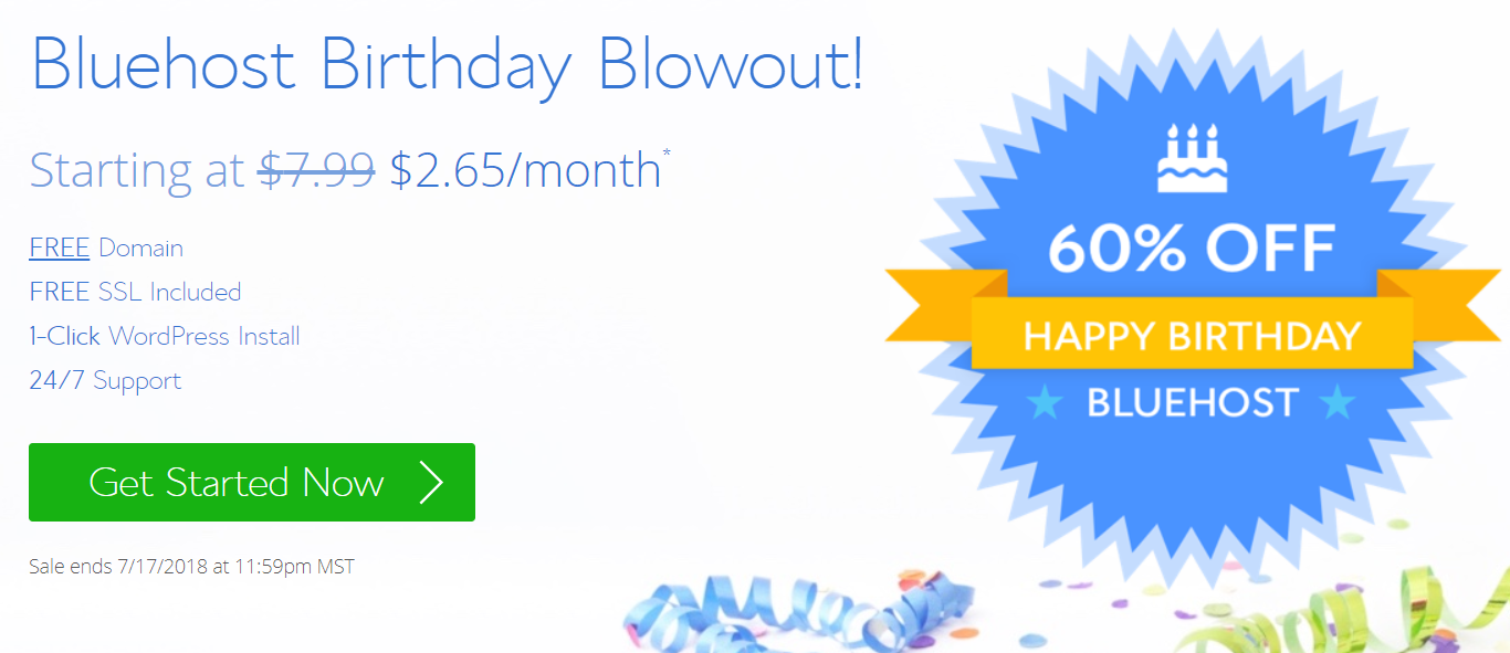 Bluehost Birthday Sale – Web Hosting in $2.65 Per Month